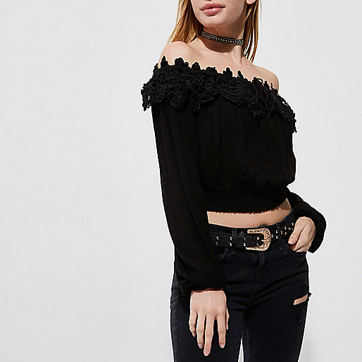 jacques-vertuk Petite black bardot crochet crop top 701554 women Tops Crop Tops / Bralets