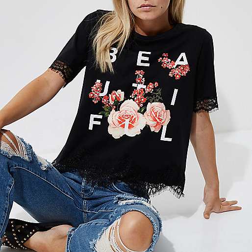 river island hailey jeans,jacques-vertuk Sale Ireland Petite black 'beautiful' lace trim T-shirt Print T-Shirts / Tanks T-Shirts & Tanks Tops women