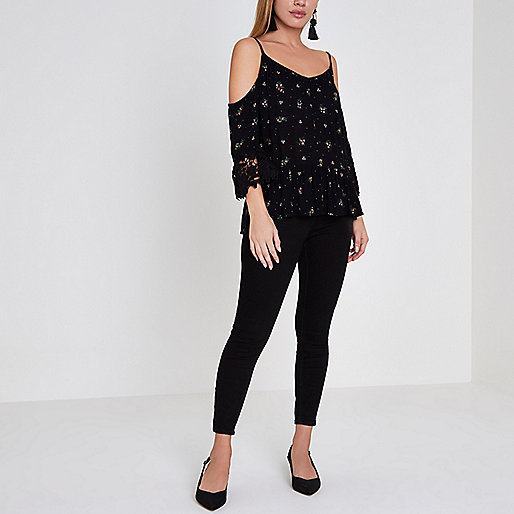 jacques-vertuk Petite black ditsy cold shoulder top 707097 women Tops Cami / Sleeveless Tops