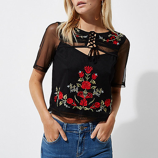 jacques-vertuk Petite black embroidered front lace mesh top 706649 women Tops Blouses