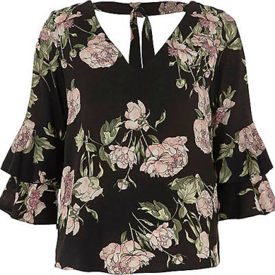 river island zip front boots,jacques-vertuk Online Shopping South Africa Petite black floral frill sleeve tie back top Blouses Tops women