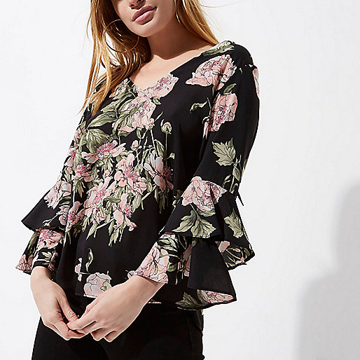 jacques-vertuk Petite black floral frill sleeve tie back top 705356 women Tops Blouses