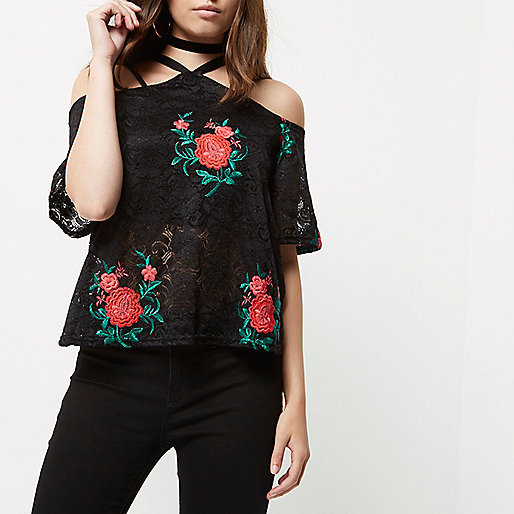 jacques-vertuk Petite black lace floral cold shoulder top 694811 women Tops