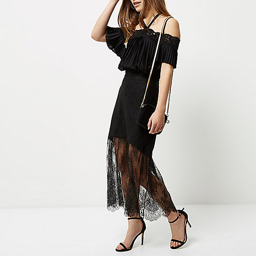 river island hybrid jumper shirt dress in brown,Old Stock jacques-vertuk Petite black lace maxi skirt Skirts Sale women