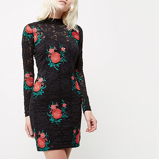 river island feather cuff dress,jacques-vertuk Outlet Petite black rose embroidered lace mini dress women 694822