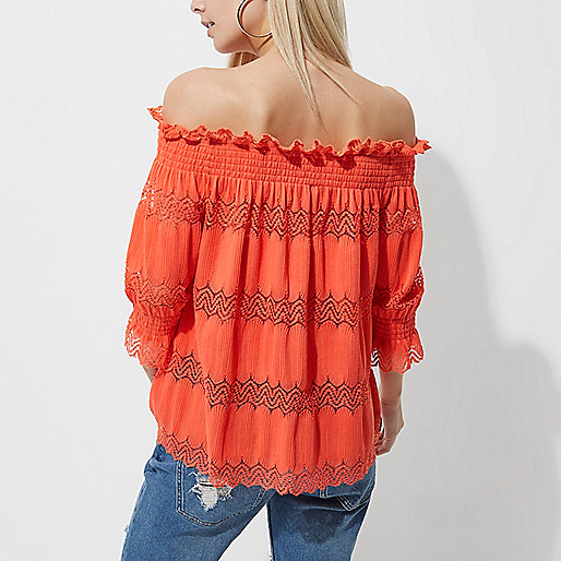 river island christmas outfits,Www Riverisland Petite coral lace shirred bardot top Bardot / Cold Shoulder Tops Tops women