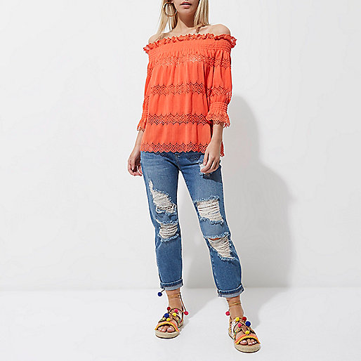 river island summer,jacques-vertuk Shop Petite coral lace shirred bardot top women 704825