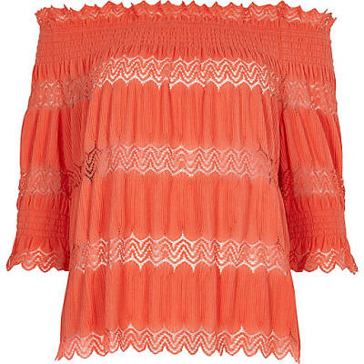 river island christmas outfits,Www Riverisland Petite coral lace shirred bardot top Bardot / Cold Shoulder Tops Tops women