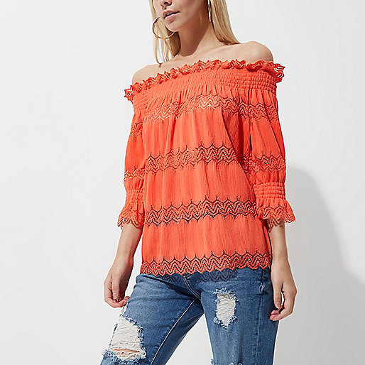 river island summer,jacques-vertuk Shop Petite coral lace shirred bardot top women 704825