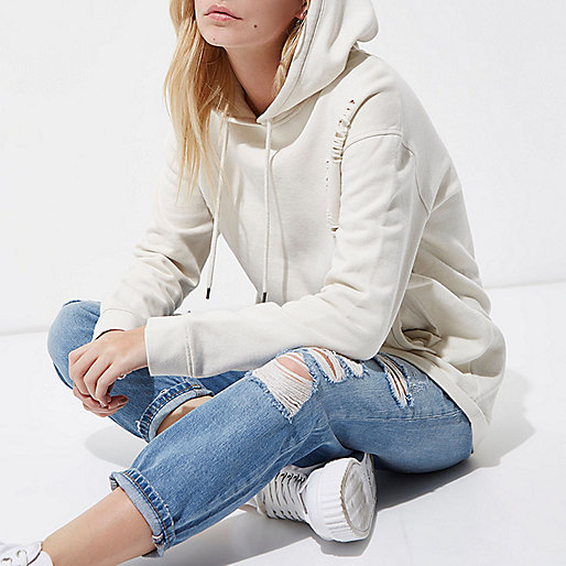 jacques-vertuk Petite cream distressed oversized hoodie 701240 women Tops Hoodies / Sweatshirts