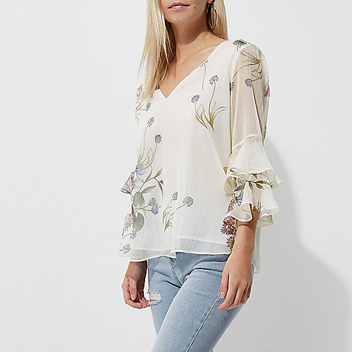 river island ladies wedges,jacques-vertuk Corporate Website Petite cream floral frill bell sleeve top Tops Sale women