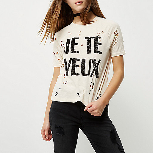 jacques-vertuk Petite cream sequin print distressed T-shirt 695499 women T-Shirts & Vests