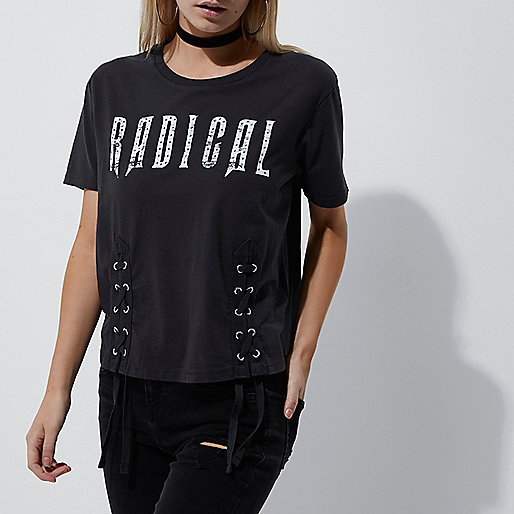 jacques-vertuk Petite dark grey 'radical' lace-up T-shirt 704544 women Tops T-Shirts & Vests Print T-Shirts / Vests