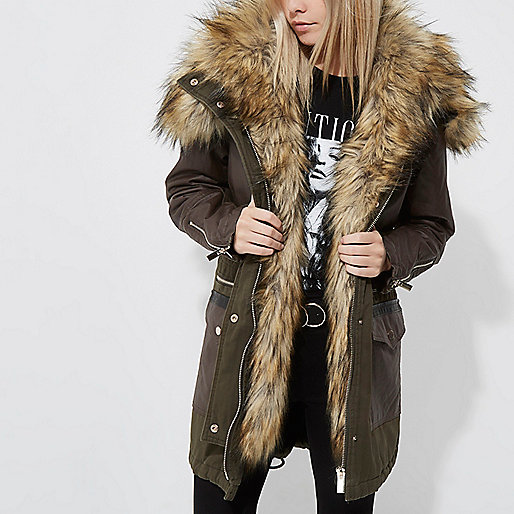 jacques-vertuk Petite khaki green faux fur trim hooded parka 704082 women Coats / Jackets Jackets