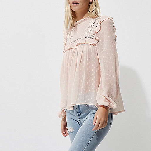 jacques-vertuk Petite light pink dobby mesh embroidered top 706932 women Tops Blouses