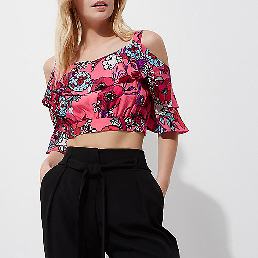 jacques-vertuk Petite pink floral cold shoulder crop top 701837 women Tops