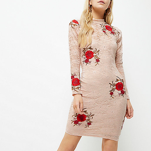 jacques-vertuk Petite pink floral embroidered bodycon dress 700202 women Dresses