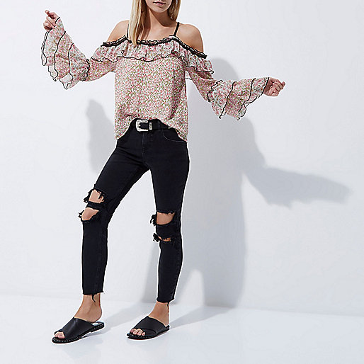 pink puffer jacket river island,Island Clothing Petite pink floral frill cold shoulder top Bardot / Cold Shoulder Tops Tops women