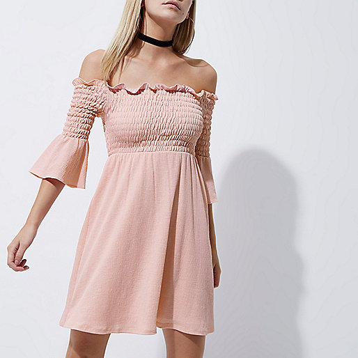 jacques-vertuk Petite pink shirred bell sleeve bardot dress 707382 women Dresses Bardot / Bandeau Dresses