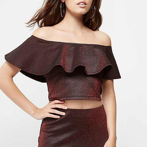 jacques-vertuk Petite red metallic frill bardot crop top 695397 women Tops