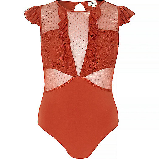 river island casual jackets,jacques-vertuk Fashion Shop Petite rust red dobby mesh frill bodysuit Tops Sale women