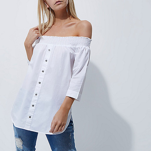 jacques-vertuk Petite white shirred bardot shirt 705936 women Tops Bardot / Cold Shoulder Tops