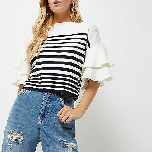 river island amelie jeans black,jacques-vertuk Jackets Uk Petite white stripe double frill sleeve top Knitwear Sale women