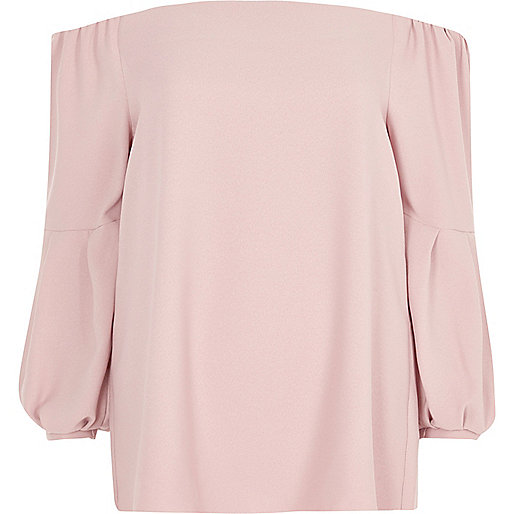 jacques-vertuk Pink bardot puff long sleeve top 709741 women Tops Bardot / Cold Shoulder Tops