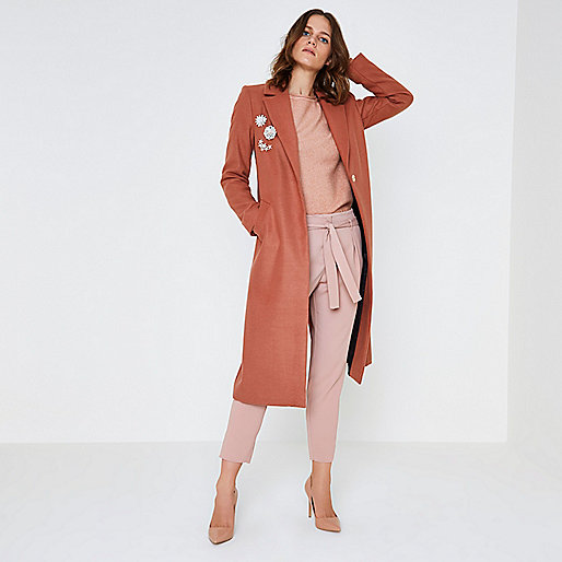 river island black overcoat,jacques-vertuk South Africa Pink brooch embellished long coat women 708965