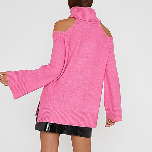 river island shoes online,jacques-vertuk New Arrivals Pink cold shoulder roll neck longline sweater Sweaters Knitwear women