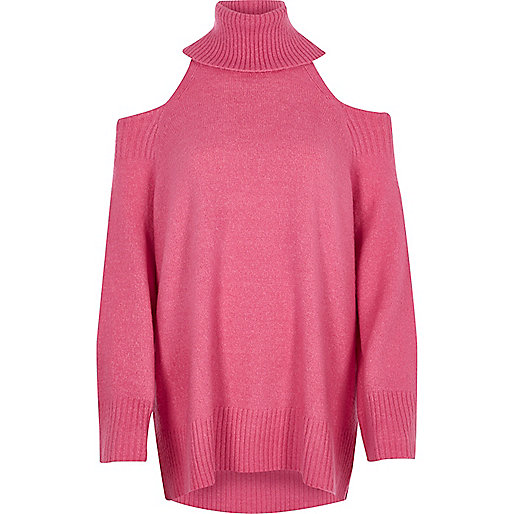 river island shoes online,jacques-vertuk New Arrivals Pink cold shoulder roll neck longline sweater Sweaters Knitwear women