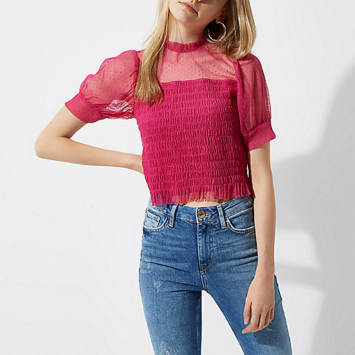 river island high neck dress,jacques-vertuk London Pink dobby mesh shirred puff sleeve top women 703314