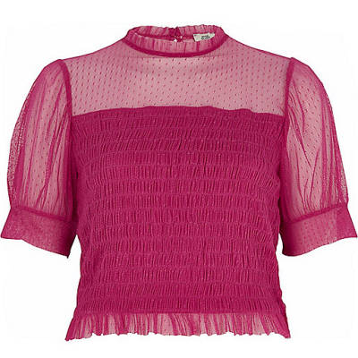 river island high neck dress,jacques-vertuk London Pink dobby mesh shirred puff sleeve top women 703314