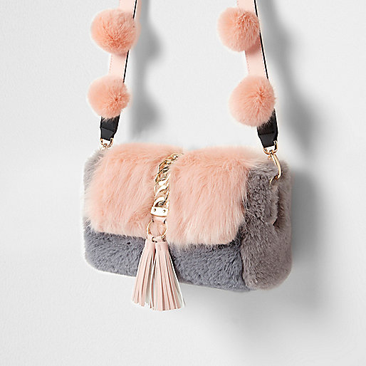 jacques-vertuk Pink faux fur pom pom cross body bag 706196 women Bags / Purses Cross Body Bags