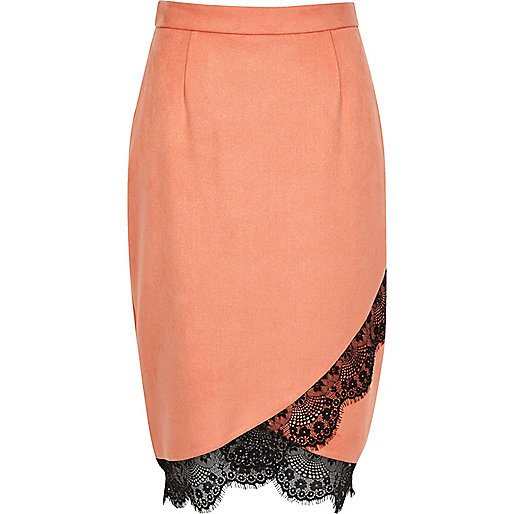 jacques-vertuk Pink faux suede lace hem pencil skirt 696770 women Skirts