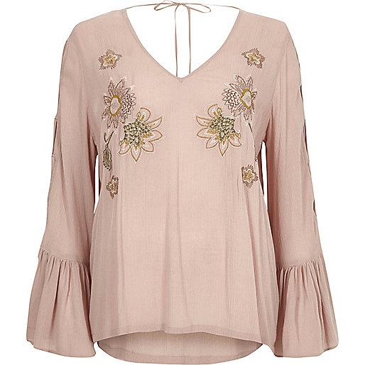 jacques-vertuk Pink floral embroidered flared sleeve top 703090 women T-Shirts & Vests