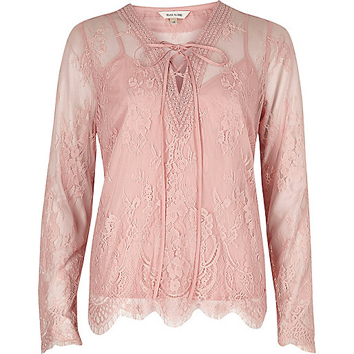 2 in 1 dress river island,jacques-vertuk D Pink floral lace long sleeve blouse Blouses Tops women