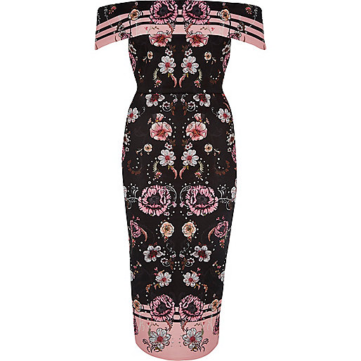 jacques-vertuk Pink floral print bardot midi dress 702253 women Dresses