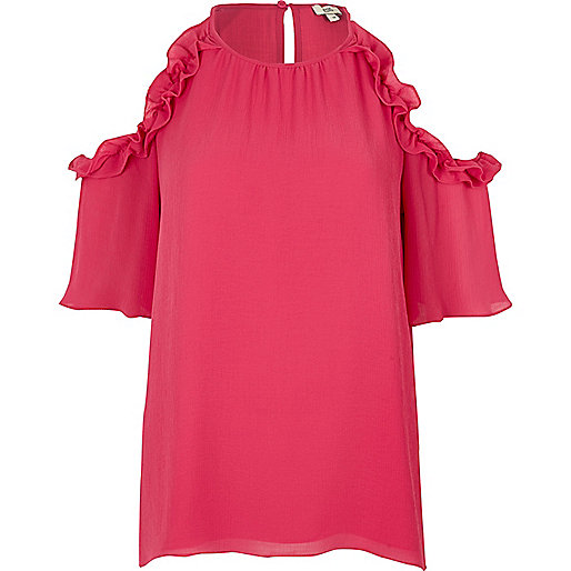 jacques-vertuk Pink frill cold shoulder blouse 708354 women Tops Bardot / Cold Shoulder Tops