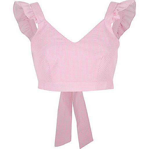 jacques-vertuk Pink gingham frill shoulder crop top 703549 women RI Limited Edition