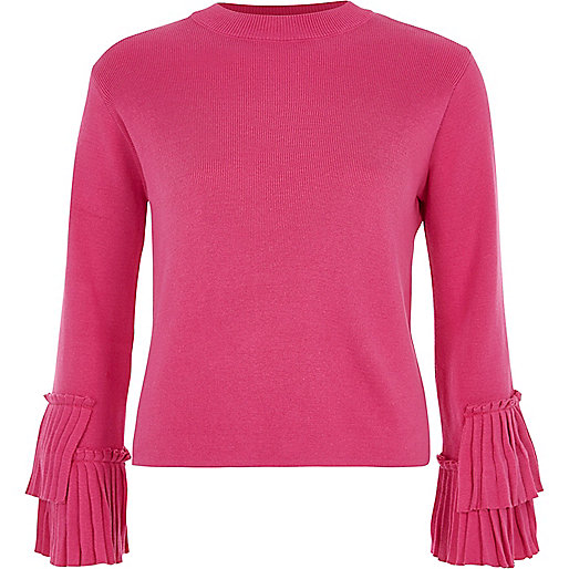 river island 70s dress,jacques-vertuk South Africa Pink high neck pleated sleeve knitted top women 708050