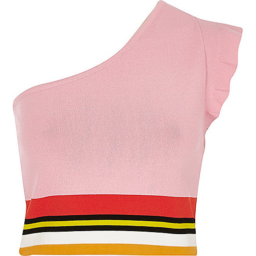 jacques-vertuk Pink knit stripe one shoulder crop top 698771 women RI Limited Edition