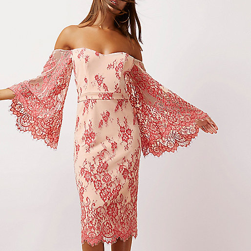 jacques-vertuk Pink lace flare sleeve bardot bodycon dress 703907 women Dresses Bardot / Bandeau Dresses