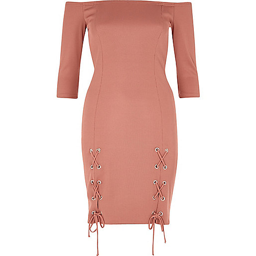 jacques-vertuk Pink lace-up split bardot bodycon dress 701513 women Dresses