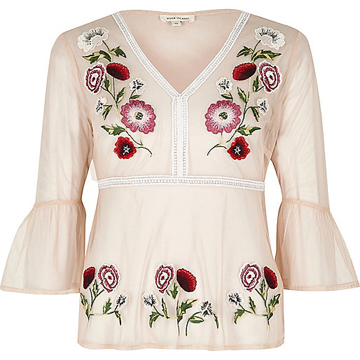 jacques-vertuk Pink mesh floral embroidered peplum hem top 699807 women RI Limited Edition