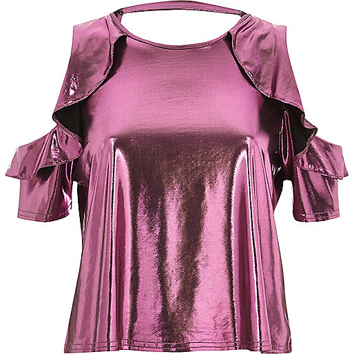 jacques-vertuk Pink metallic frill cold shoulder top 692723 women Tops