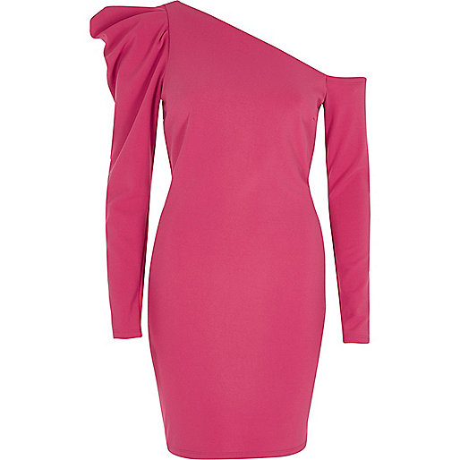 jacques-vertuk Pink one shoulder puff sleeve bodycon dress 706640 women Dresses Bodycon Dresses