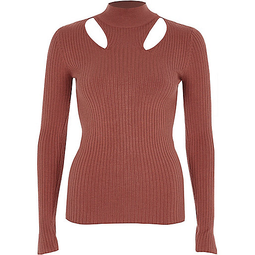 jacques-vertuk Pink rib knit cut out high neck top 704882 women Knitwear Knitted Tops