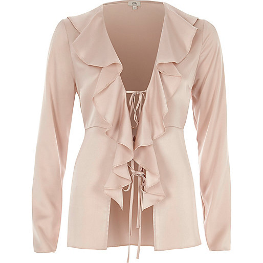 river island bow top,jacques-vertuk South Africa Pink satin frill tie-up long sleeve blouse women 707218