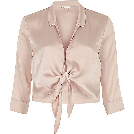 jacques-vertuk Pink satin tie front cropped shirt 704471 women Tops Shirts